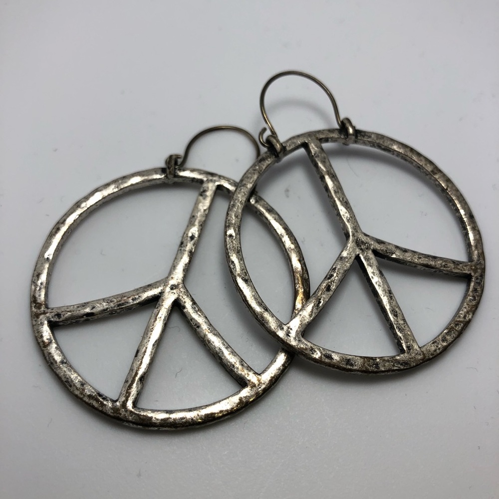Lucky Brand Silver Peace Sign Hoop/Dangle Earrings